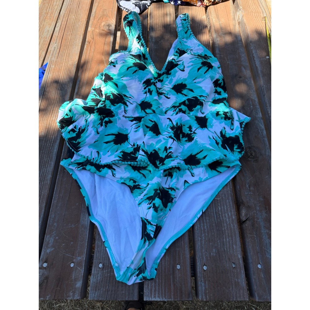 Nicole Miller New York Teal Floral Ruffle Pom Pom One Piece Swimsuit Size 12